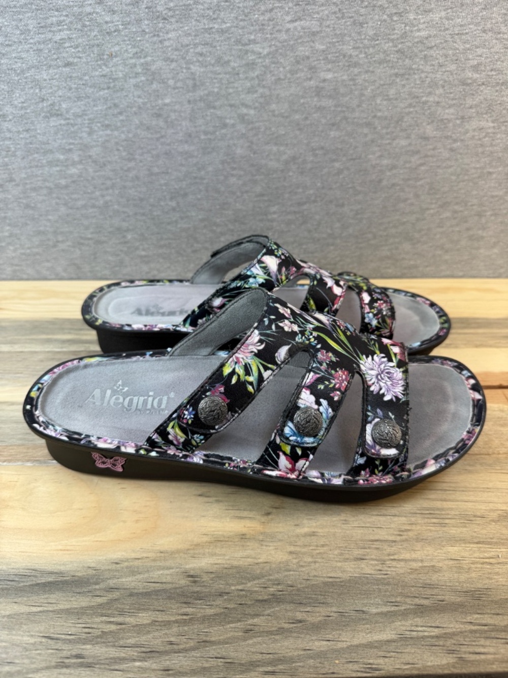 Alegria Leather Floral Sandals Black Butterfly Velcro Closure Size 11 EU 42 - Picture 3 of 16
